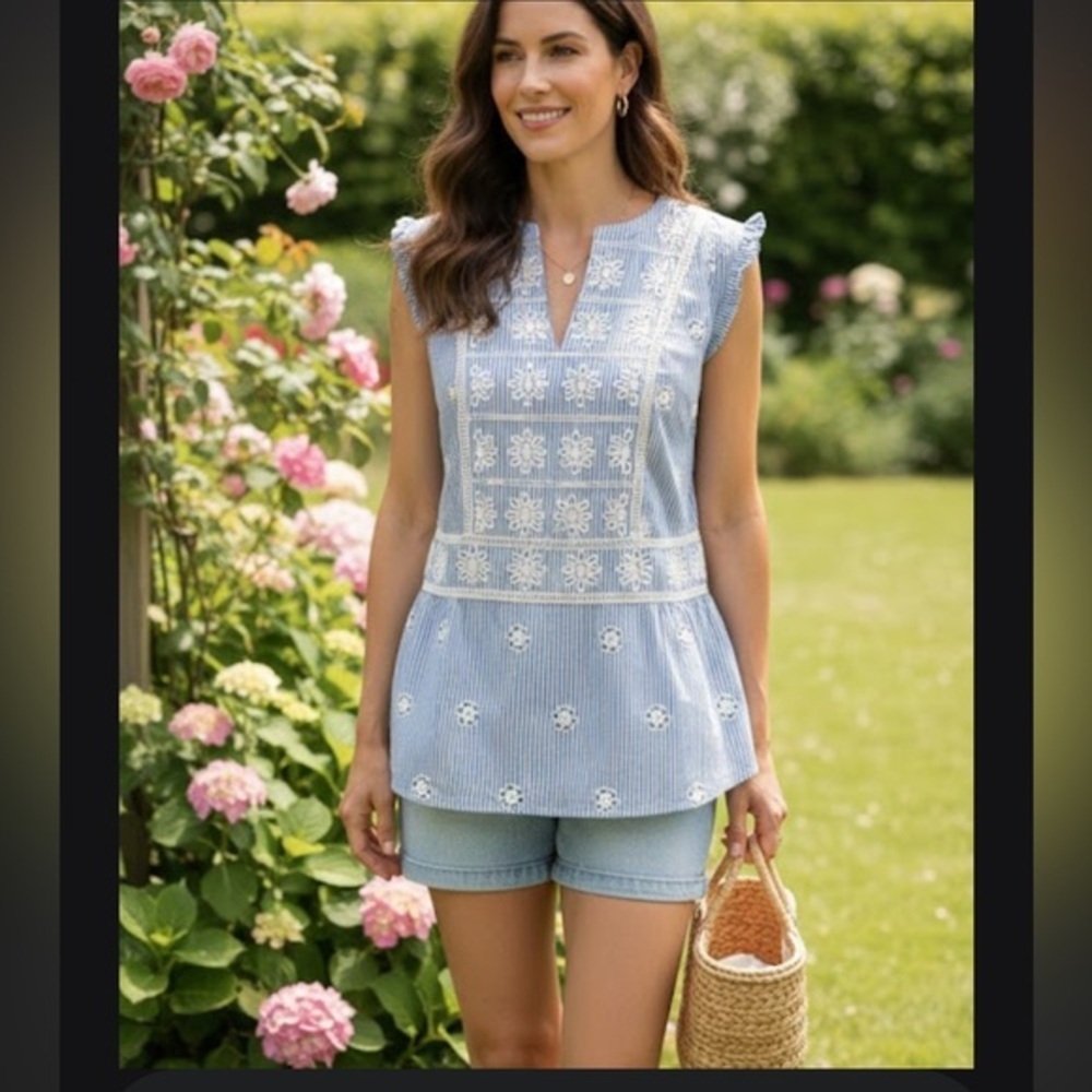 Boden Striped Blue and Cream Floral Blouse